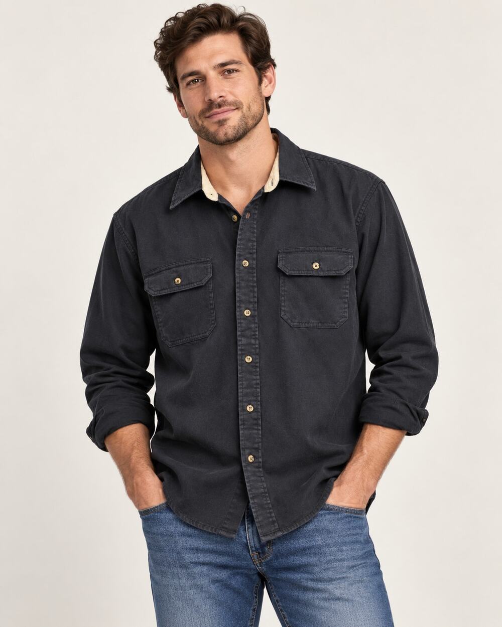 Wrangler Men’s 2XL Black Long Sleeve Button Front Work Shirt 100% Cotton